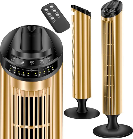 Torenventilator 90 cm met afstandsbediening, 3 snelheden, turbo, timer en 90° oscillatie – goud