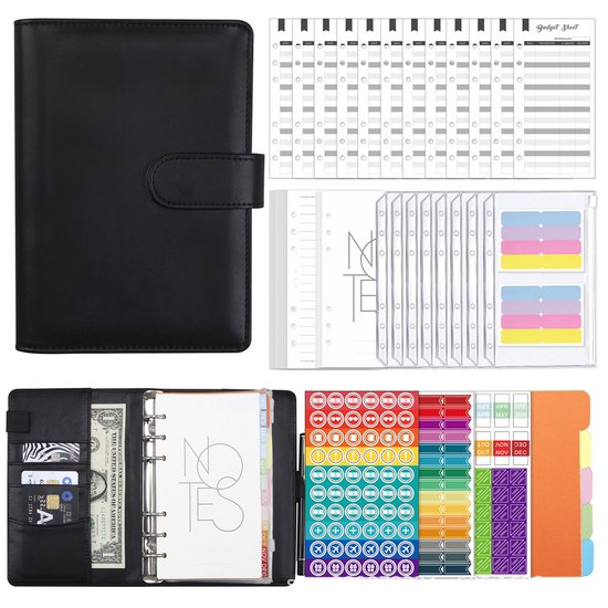 Foto: Budgetplanner met geldmapjes a6 budget binder huishoudboekje met 8 enveloppen stickers budgetbladen pu lederen planner spaarmap financi le organizer voor besparen sparen overzicht kasboek zwart