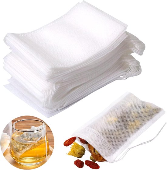Luriseminger 200 stuks wegwerptheezakjes, 10 x 15 cm theefilter van vliesstof, lege theezakjes met trekkoord voor thee, specerijen, kruiden