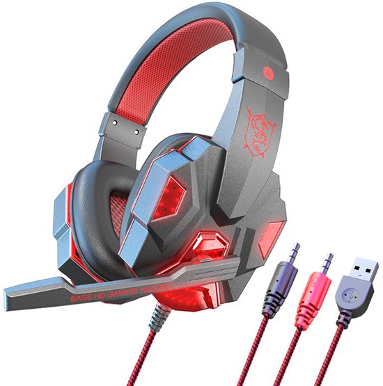 Gloovon® - Gaming Headset - Koptelefoon met Draad - Over-ear - Koptelefoon met Microfoon - Game Headset PC - Zwart/Rood