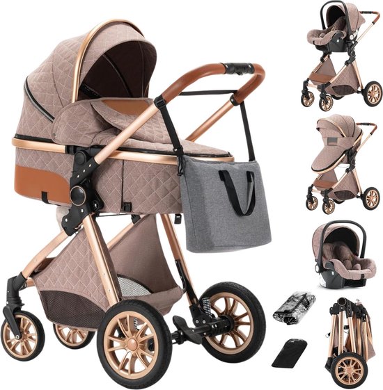 Luxe Multifunctionele 3-in-1 Combi Kinderwagen – Kwalitatieve Buggy – Opklapbare Wandelwagen – Khaki – Incl. Autostoel