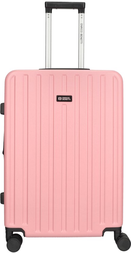 Roze koffer met ribbelpatroon, trekstang en Enrico Benetti logo.