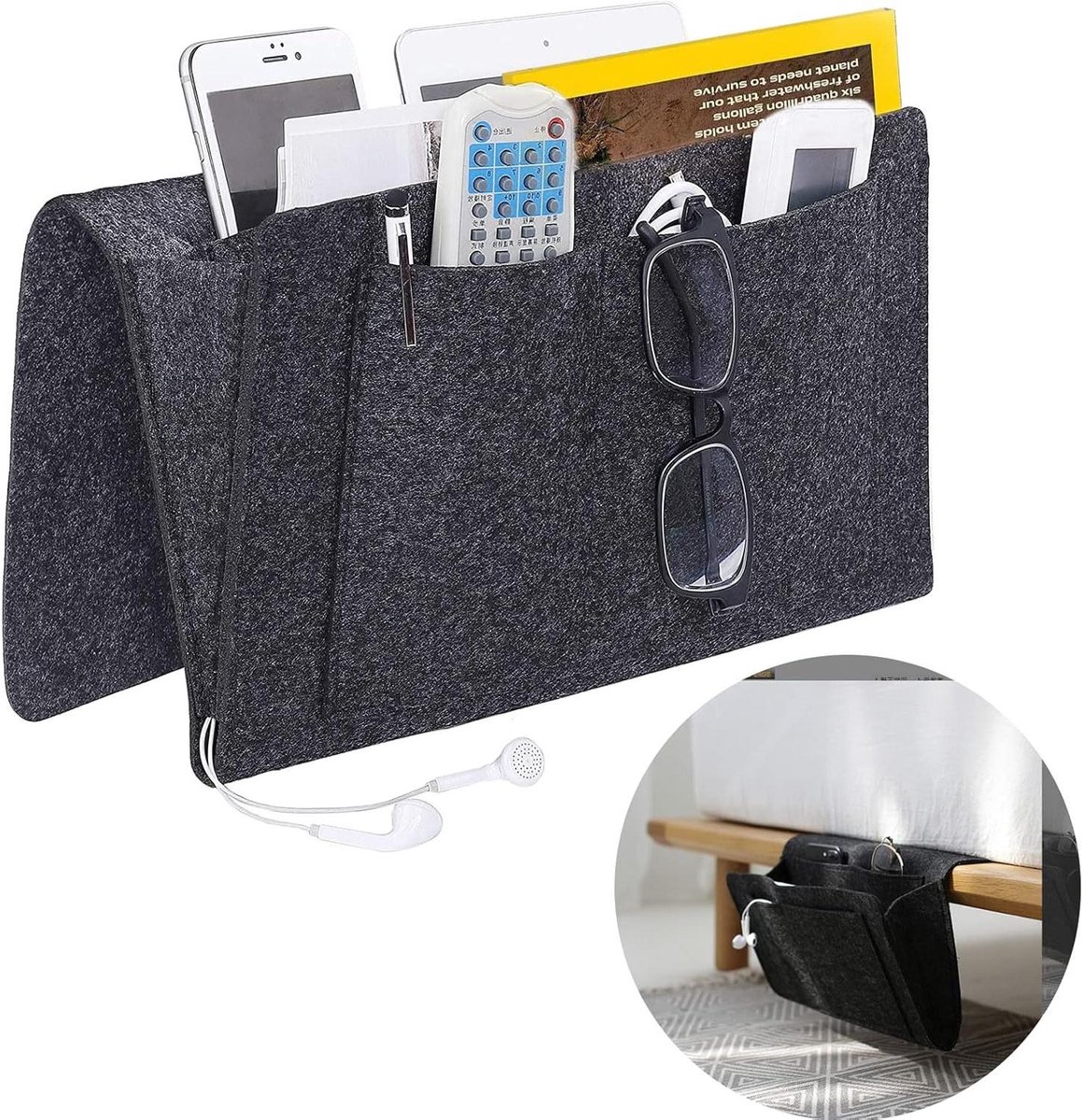 Allecto Plus - Bedorganizer met anti-slip en 5 diepe vakken - Voor boek, tijdschriften, iPad, mobiele telefoon - Zwart
