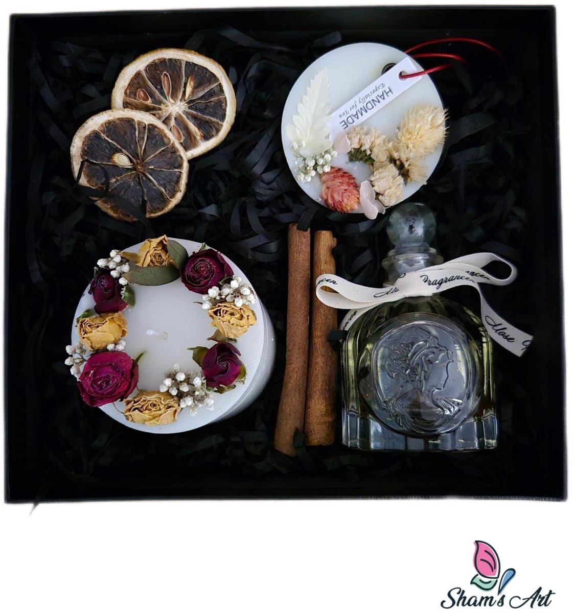 Luxe Cadeau Set - Handgemaakte Elegante Kaars met Gedroogde Rozen + Rietverspreiderparfum en Garderobe Wax - Geschenk Set - Geur Kaars