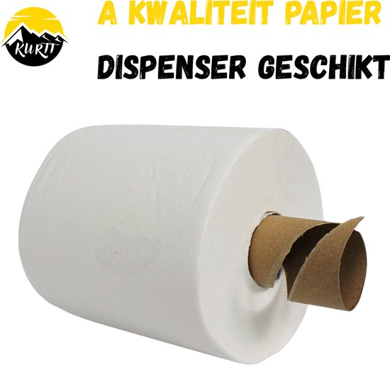 Witte handdoekrol van 100% cellulose met kartonnen kern.