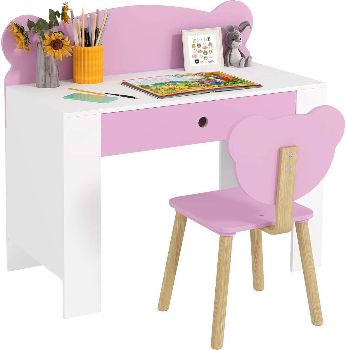 AIYAPLAY-Kinderschreibtisch Set-MDF, Kiefernholz-80L x 41B x 74,5H cm-Rosa