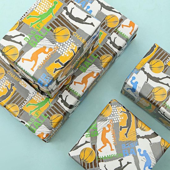 Basketbal inpakpapier, sportthema geschenkpapier, 4 vellen 50 x 70 cm per vel, verjaardagscadeau voor jongens, kinderen, mannen, basketbalminnaar, verjaardag vakantie