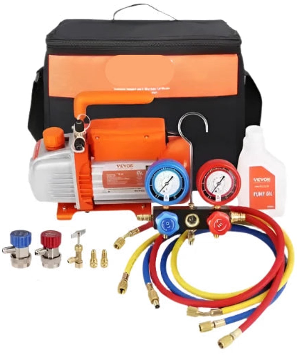 Vacuümpomp - Koelmiddel Vacuümpomp - Koelmiddel Gereedschap - HVAC Lucht Vacuümpomp - 1/4 HP 4 CFM AC Vacuümpomp - Enkeltraps - Rotary Vane - A / C Koelmiddel Manifold Gauge Set - Oranje