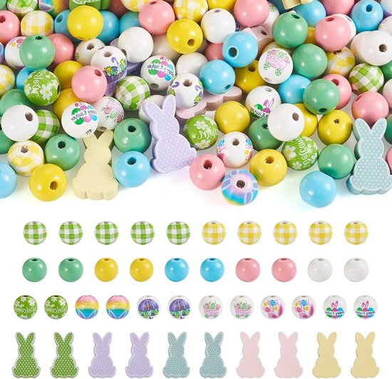Foto: Allecto plus houten kralen 160 stuks konijnen thema groen en lentebloemen voor diy paassieraden diverse maten