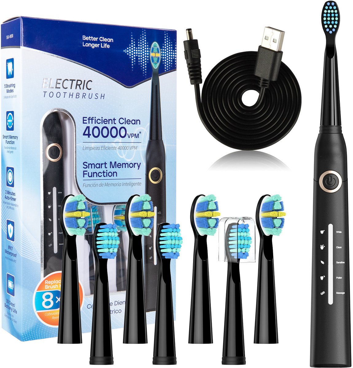 Elektrische tandenborstel-elektrische-tandenborstels-electrische tandenborstel-elektrische tandenborstel voor volwassenen - 5 reinigingsstanden - 8 koppen 40.000 VPM - Reistandenborstel - USB-oplaadbaar - 4 uur opladen voor 30 dagen - Zwart