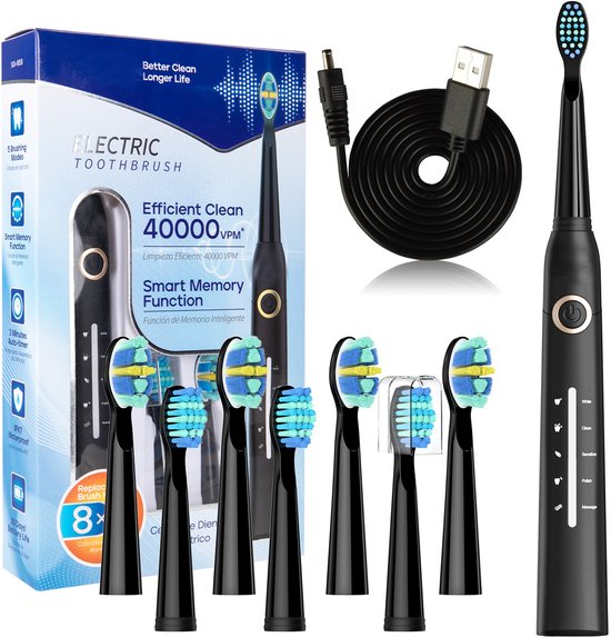 Elektrische tandenborstel-elektrische-tandenborstels-electrische tandenborstel-elektrische tandenborstel voor volwassenen - 5 reinigingsstanden - 8 koppen 40.000 VPM - Reistandenborstel - USB-oplaadbaar - 4 uur opladen voor 30 dagen - Zwart