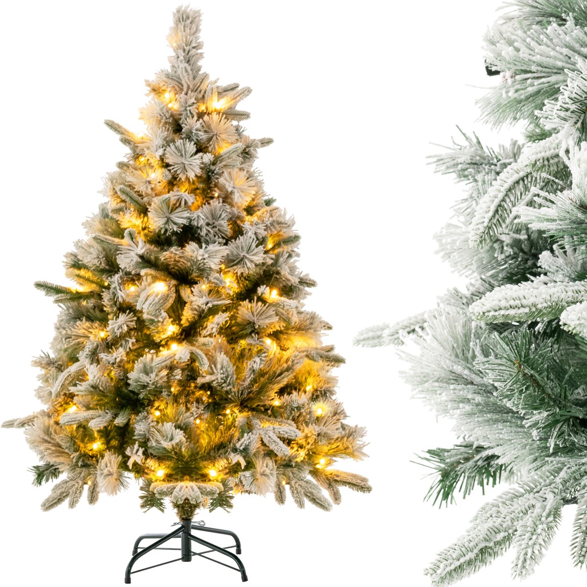 COSTWAY Kunstkerstboom met sneeuw en verlichting, 136 cm dennenboom met 150 warm-witte ledlampen, 384 gemengde takken, kerstboom, kunstboom voor Kerstmis voor thuis, groen