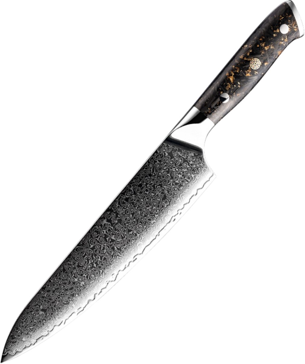 Dastium Home - 67-Laags Damascus Staal Koksmes 20CM - Damaststaal Keukenmes - Japans Mes van Echt Damascus Staal - Met Ergonomisch Goud met Forged Carbon Handvat