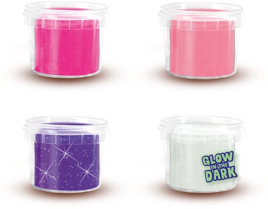 Vier potjes klei: twee felroze, een glitterpaars en een wit potje met 'Glow in the Dark' tekst.