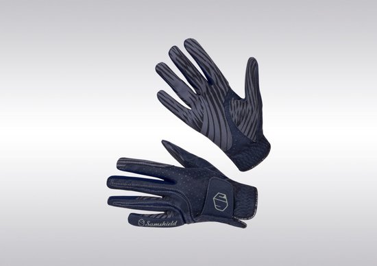 Donkerblauwe handschoenen met grijs streepmotief, Samshield logo en perforaties.