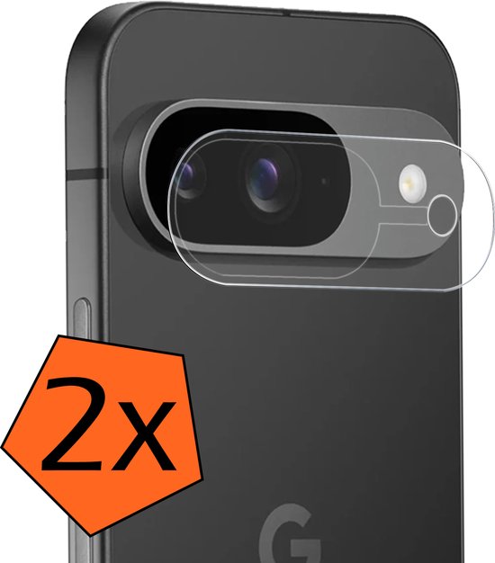 Close-up van de cameralens van een telefoon met een beschermhoes. Oranje "2x" icoon.