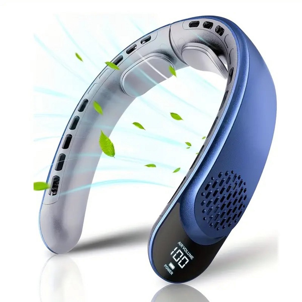 K&R Ventures® Nekventilator – Luxe Draagbare Ventilator – 4000mAh USB C – LED Display – 3 Snelheden – Stil & Lichtgewicht – Blauw – Handsfree Ventilator met 2 Koelelementen – Voor Reizen, Kantoor & Buiten