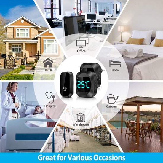Deurbel - deurbel draadloos - deurbellen - Draadloze deurbel met LED-temperatuur - Waterdichte elektronische deurbelkit - met 2 plug-in ontvangers - Bereik van 150 m - 4 volumeniveaus - 38 melodieën — afbeelding 3