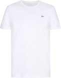Witte katoenen T-shirt met ronde hals en korte mouwen, met klein blauw logo op de linkerborst.