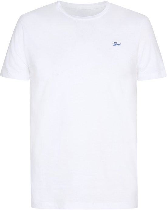 Witte katoenen T-shirt met ronde hals en korte mouwen, met klein blauw logo op de linkerborst.