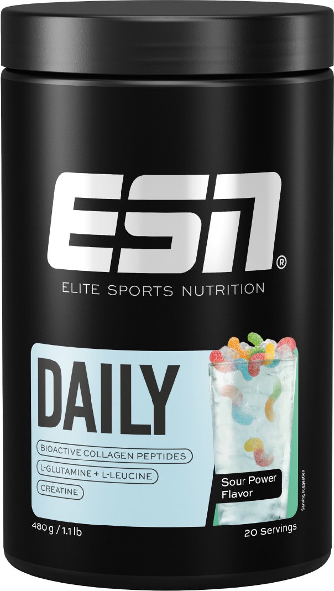 ESN Daily Creatine, Sour Power, 480 g, 20 Porties - Poeder met Creatine, Bioactieve Collageen Peptiden, L-Glutamine en L-Leucine
