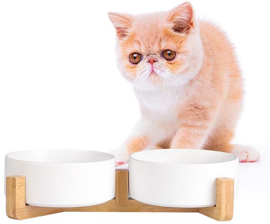 BULANGDE Verhoogde Kattenvoerbak Roestvrij Staal Met Houten Standaard - Set Van 2