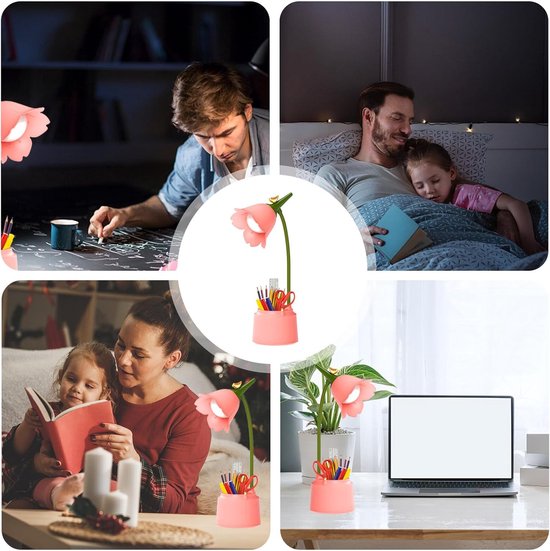 Penhouder Tafellamp LED Dimbaar met Touchbediening - USB Oplaadbare Bureau Lamp met Flexibele Hals - 3 Kleurtemperaturen - Roze Bloemen & Vogel Design - USB — afbeelding 5
