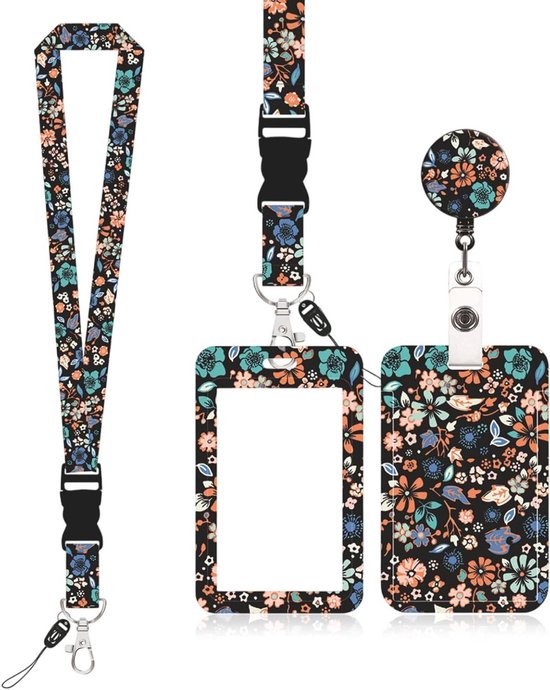 Foto: Allecto plus set van 3 lanyards met id kaarthouders en snelsluiting in bloemenprint handig voor leraren verpleegsters en studenten