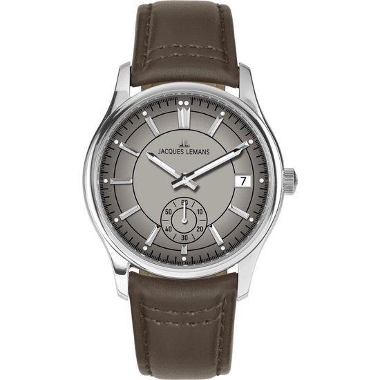 Herhorloge van Jacques Lemans met een grijze wijzerplaat, datumaanduiding en een bruin leren bandje.