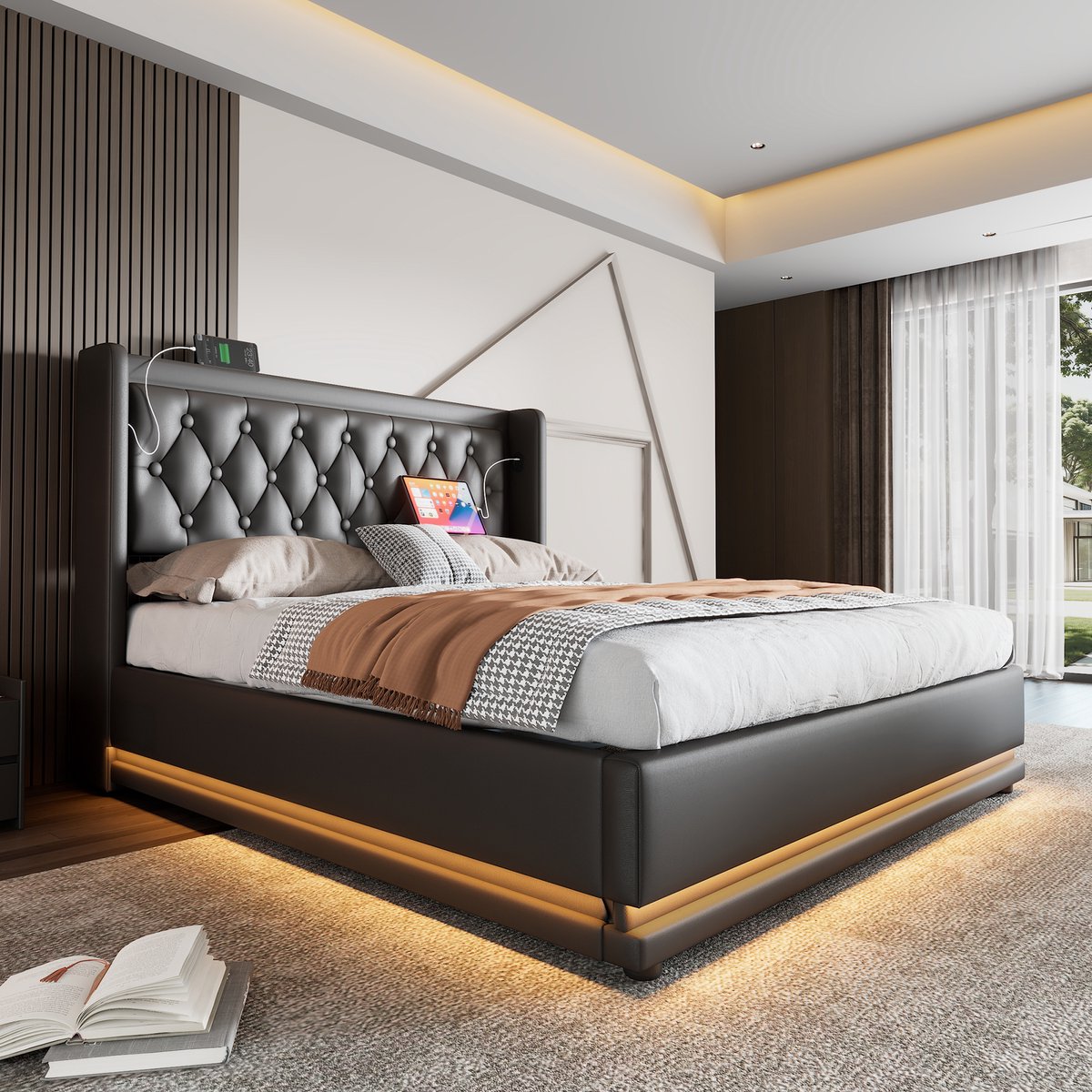 Merax Gestoffeerd bed tweepersoonsbed 140x200 cm met USB Type-C opladen met LED-verlichting - zonder matras - zwart - PU