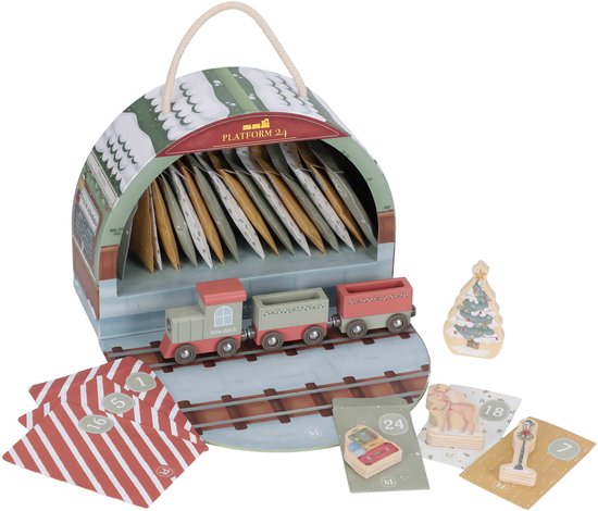 Houten adventskalender in de vorm van een treinstation, met trein en losse adventszakjes.
