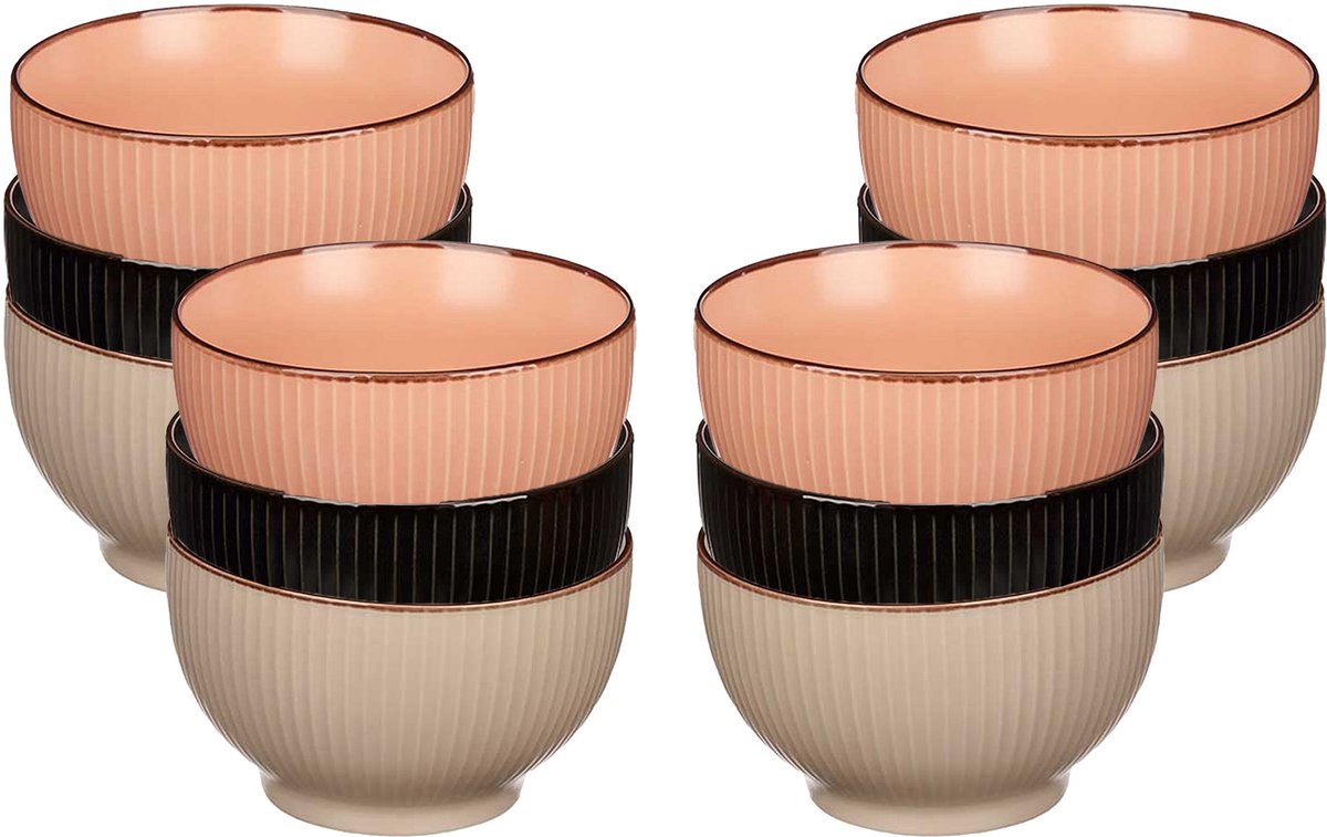 Kommetjes/serveer schaaltjes - 12x stuks - Mistique - porselein - D14 x H8 cm - zalm roze - zwart - beige - Stapelbaar