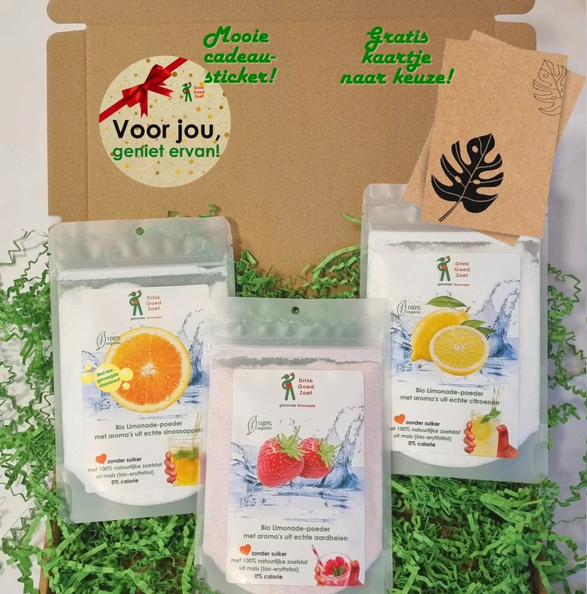 Brievenbus cadeau pakket Gezonde Limonade - 3 smaken naar keuze - 100% biologisch - suikervrij - duurzaam - verjaardag - succes - bedankt
