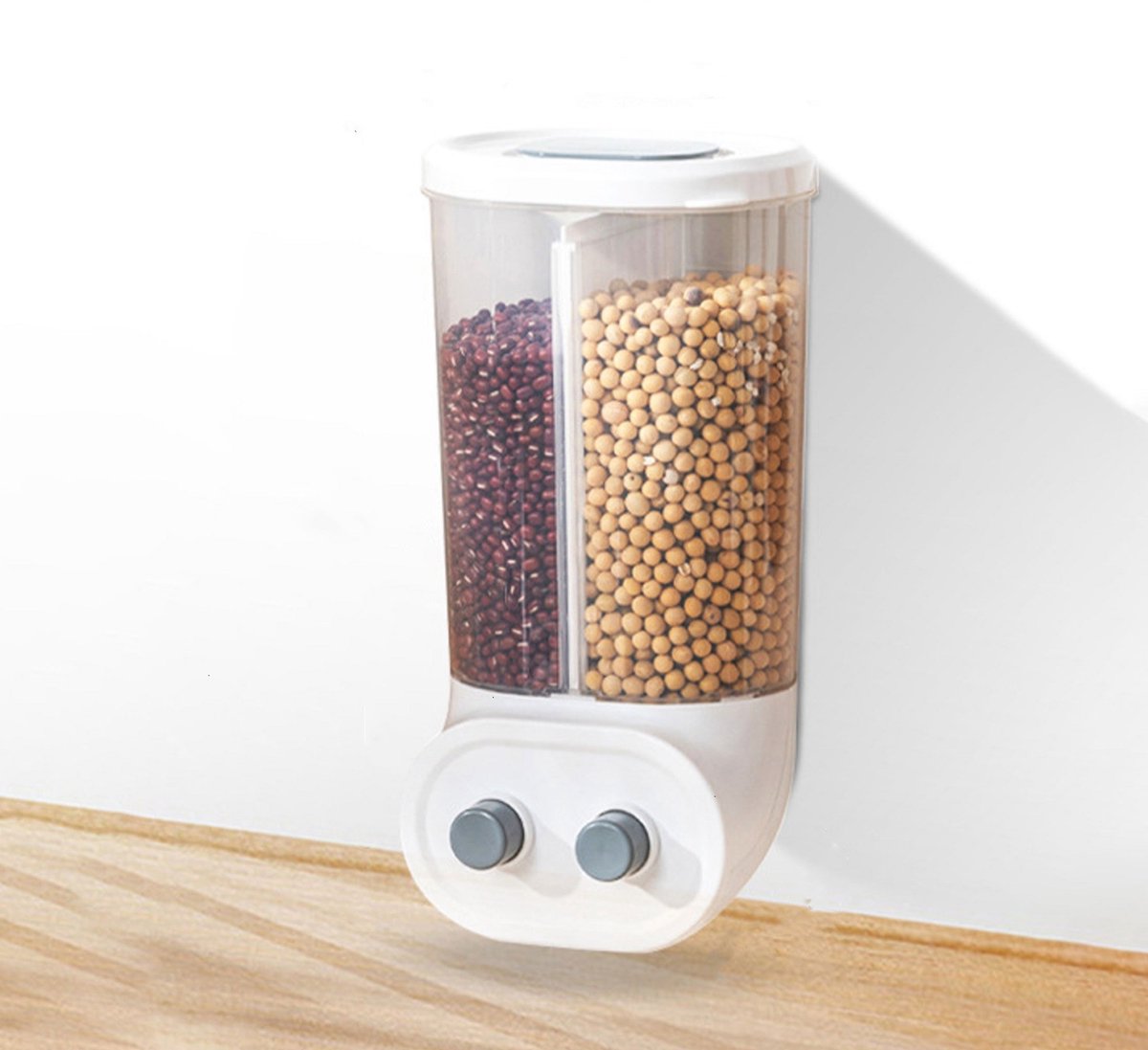 CHIWIN Voorraadbus Dubbele Muesliverdeler met Deksel – Wandmontage Voorraadcontainer – 2×1L Cornflakes Dispenser – Transparant – Keuken Opbergsysteem – Ruimtebesparend & Hygiënisch