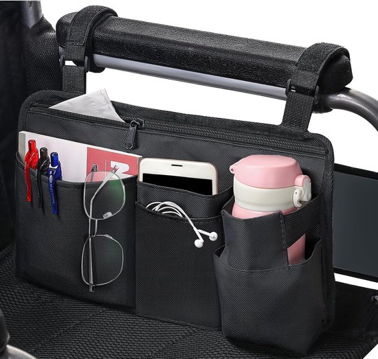 Foto: Stoel organizer met bekerhouder multifunctionele leuning accessoire voor rollators draagbare opbergtas voor buiten geschikt voor rolstoelen rollators stoelen zwart
