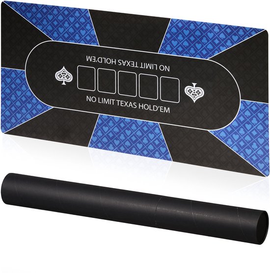 Pokermat 120 x 60 cm - antislip - 10 spelers - met koker - blauw-zwart