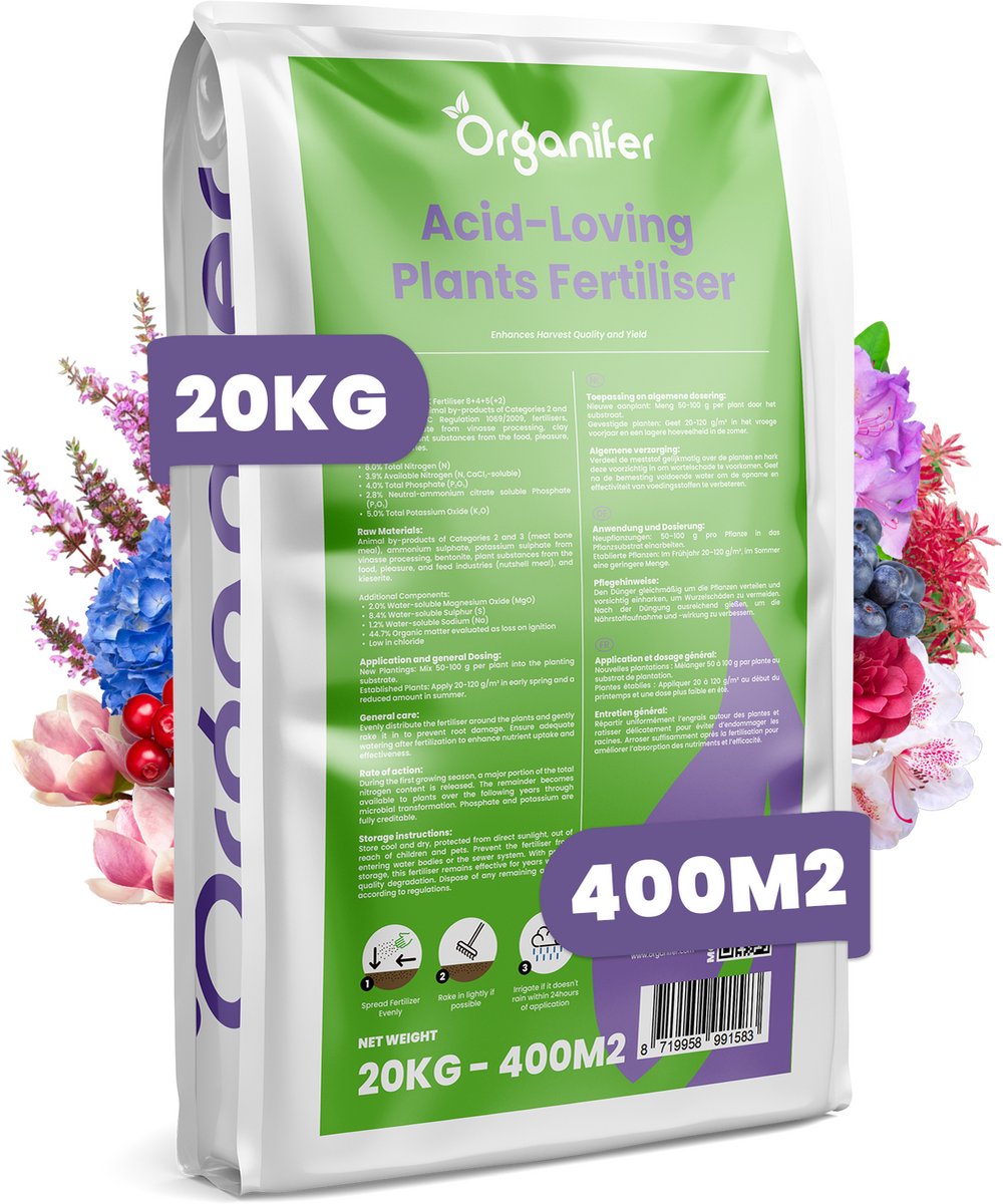 Rhododendron, Hortensia, Azalea & Andere Zuurminnende Planten - Meststof All-In-One - 20 Kg Voor 400 M² - Hoog Fosfaatgehalte - Verrijkt Met Magnesium - Gezonde Wortelontwikkeling - Levendige Bladkleur - Organifer