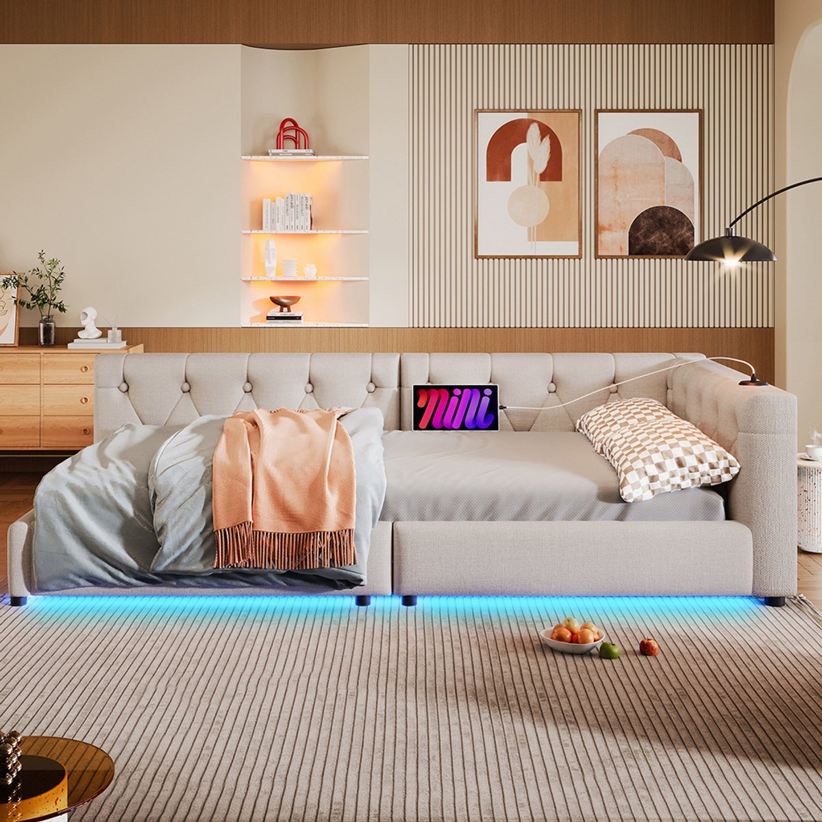 KOMHTOM Volwassen bed Enkel bed 90x200 cm Sofa bed met lattenbodem sfeerverlichting met USB+Type-C linnen beige