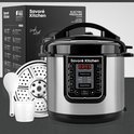 Elektrische snelkookpan Savoré Kitchen 6L met accessoires: stoommand, lepel, maatbeker. Doos met productinformatie.