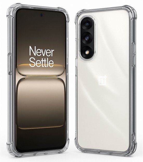 Coque de téléphone transparente montrée de face et de dos. Marque de téléphone 'OnePlus' visible.