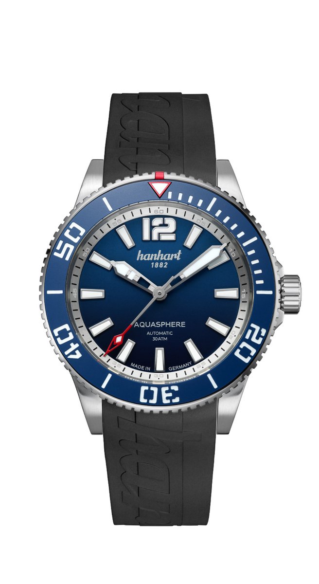 Hanhart Aquasphere Ocean Fade - Horloge - blauwe rand lunette - zwarte rubber band - 42 mm