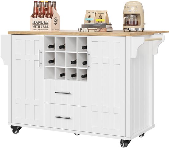 HOMCOM Keukentrolley, Rolbare Keukeneiland, Keuken-Trolley met Vakken, Wijnrekken, Kast en Werkblad, Wit | Netherlands
