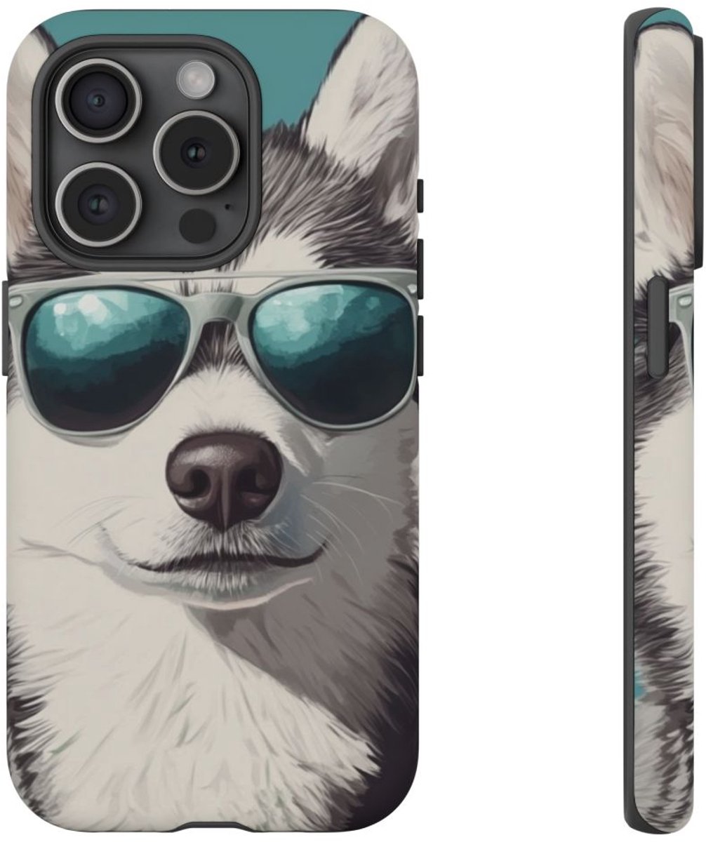 Stoere Husky met Zonnebril – Telefoonhoesje Geschikt voor iPhone 15 Pro