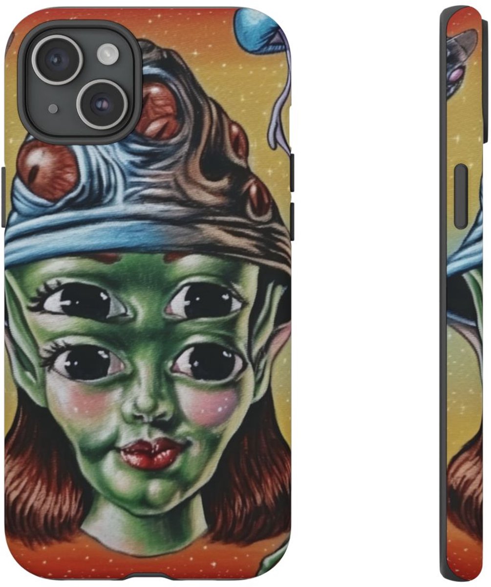 Vierogige Alien met Kosmische Elementen – Telefoonhoesje Geschikt voor iPhone 15 Plus