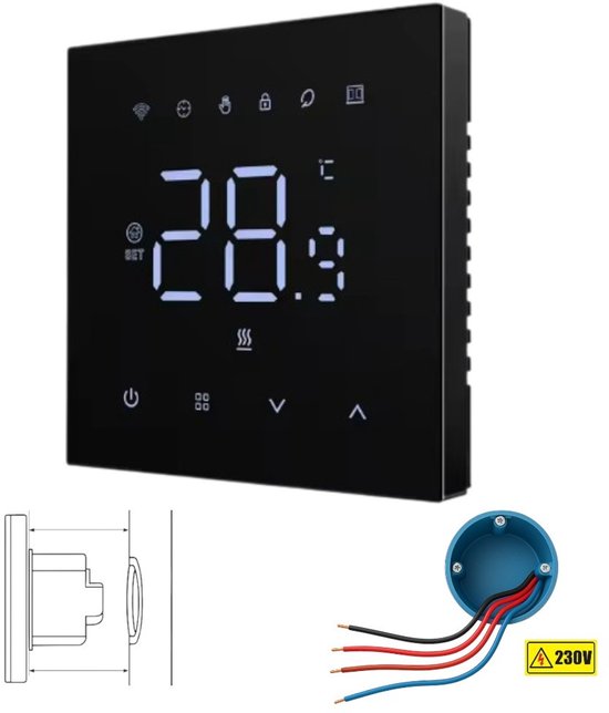 Thermostat Wifi Intelligent | Chauffage de l'eau CV | Chaudière | Carré | Noir | 3 ampères |4 fils | Contrôlez avec l'application intelligente