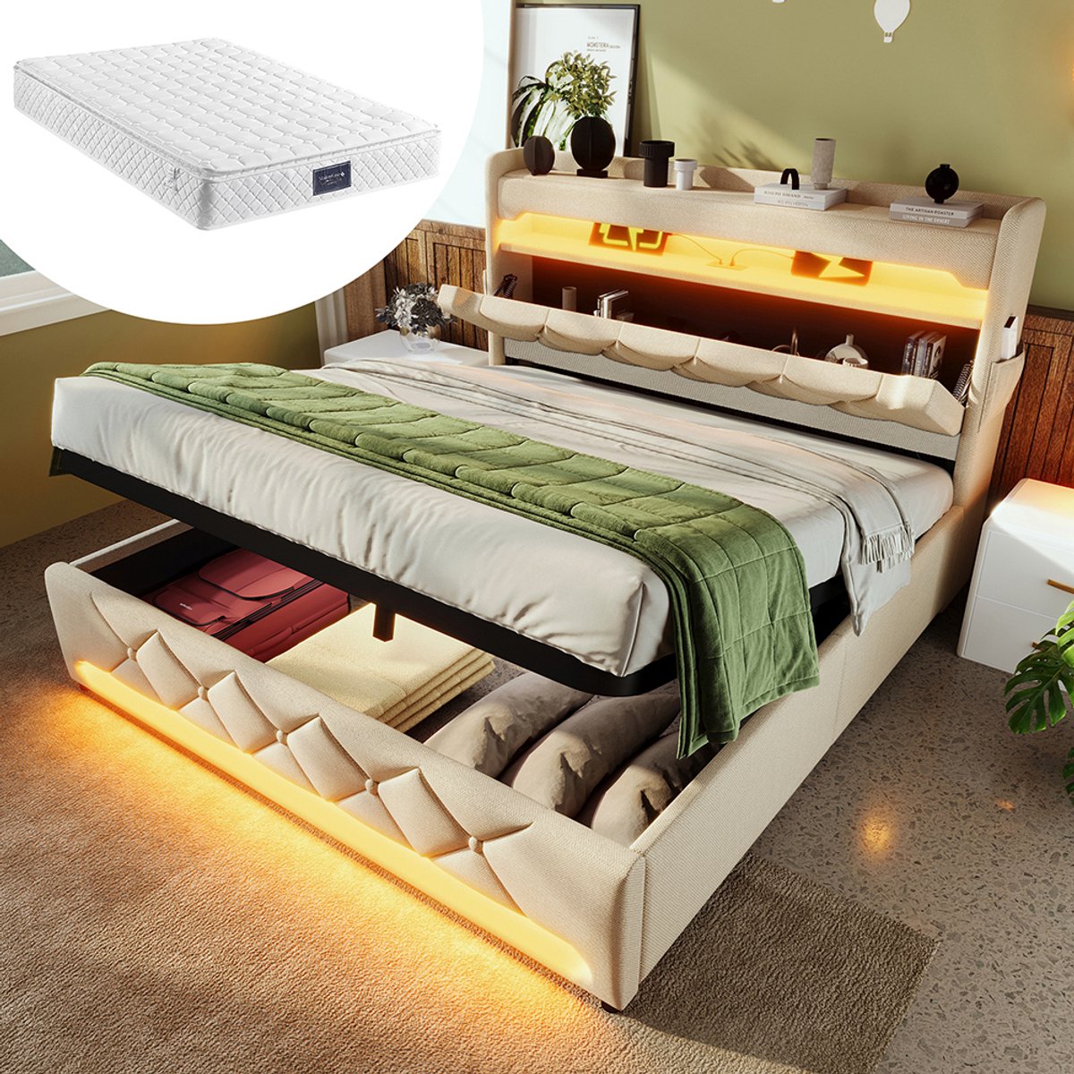 Pugsdrly 140*200 tweepersoons gestoffeerd bed, opbergruimte in het hoofdeinde met USB-poort en type C-poort, 360° rondom LED-functie rond hoofdeinde en voeteneinde, bedden met hydraulische opbergruimte, beige, linnen (met matras)