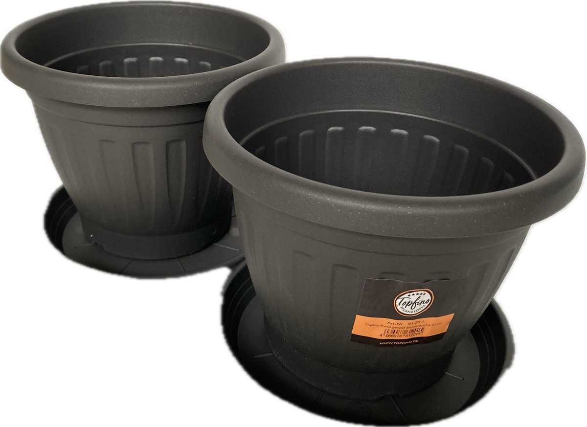 Set van 2 stuks - Bloempotten Geribbeld met Onderzetters - Plantenpot Geribbeld met Schotel - 20x15.5cm - Kunststof - Antraciet