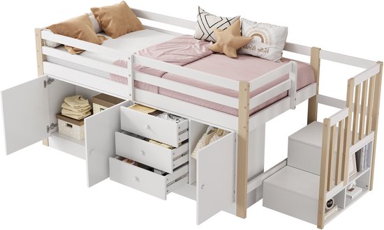 140x200 cm hoogslaper met trap - kinderbed met opbergplank en enkele kledingkast - massief hout MDF - wit(matras niet inbegrepen