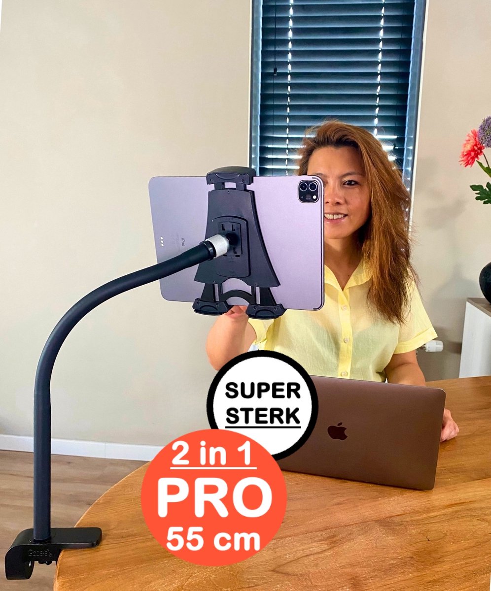 GOOS-E Tablet houder + Telefoonhouder PRO (6-14 inch) - iPad houder standaard - SUPER STERK & stijlvol - met 2-weg klem - o.a. bureau, tafel en bed - NL design