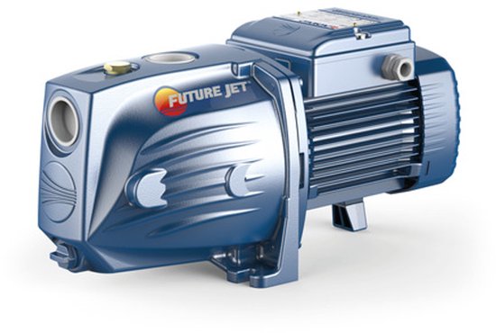 Glanzende blauwe "Future Jet" waterpomp met "Future Jet" logo, staand op vier poten.